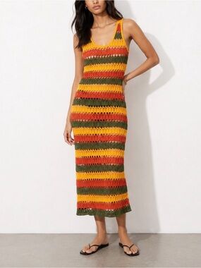 Zara Multi-coloured Striped Crochet Knit Midi Maxi Dress